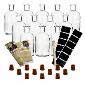 gouveo 12er Set Glasflaschen 250 ml Apotheker mit Spitz-Korken - Kleine Flasche 0,25 l zum Befüllen und Verschenken - Flasche für Likör, Schnaps, Öl, Essig