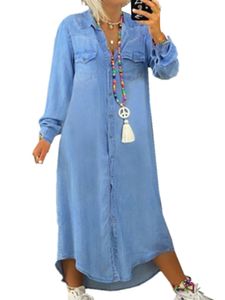Maxikleider Damen Denim Maxi Dresses Baggy Button Down Hemd Kleid Vordertaschen Feste Farbe,Farbe:Hellblau,Größe:5Xl