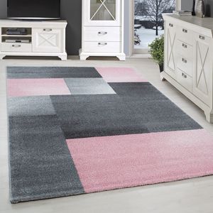 Kurzflor Teppich Wohnzimmerteppich Design Rechteck Karo Muster Grau Pink Meliert, Grösse:160x230 cm