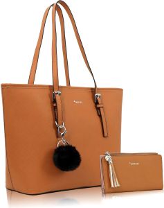 Handtasche Damen mit Geldbörse und Schlüsselanhänger, Groß Elegant Damen Handtasche, ​Geschenke für Frauen, Braun