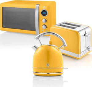 SWAN STRP2070YELNEU Retro Set Frühstück, Wasserkocher 1,8 L, 2 Breitschlitz-Toaster, Mikrowelle 20 L Gelb