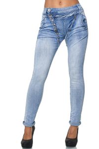 Elara Damen Jeans Boyfriend Baggy Knopfleiste C613M Hellblau 42 (XL)