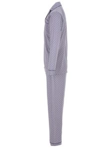 Herren Pyjama lang Knopfleiste mit Brusttasche geknöpft Schlafanzug, Farbe:Navy, Größe:L