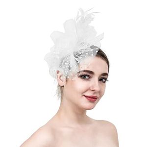 Party Fascinator Hut Mesh Feder Blumen Dekor Kopfschmuck Hochzeit Kopfbedeckung Kunstperle Bühnenauftritt Kopf Dekor Hut Braut Haarschmuck-Weiß