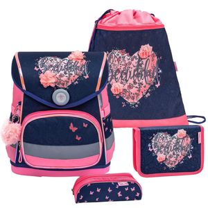 Belmil ergonomischer Schulranzen Set 4 -teilig für Mädchen 1-4 Klasse Grundschule//Brustgurt/Magnetverschluss/Rosa, Blau (405-41 Beautiful Flowers)