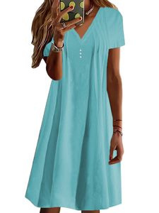 Sommerkleid Damen Knielang Strandkleider Kurzarm T-Shirt Kleider A-Linie Minikleid blauer See,Größe 2Xl