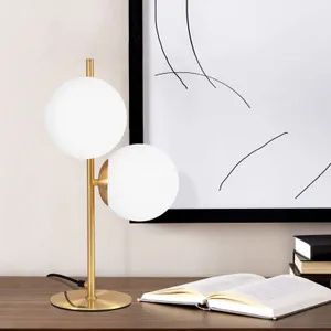 ZMH Nachttischlampe Gold Modern Tischlampe 2 Flammig Metall Tischleuchte mit Schalter aus Weiß Glaskugel E27 Fassung für Wohnzimmer Schlafzimmer Kinderzimmer