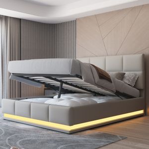 Fortuna Lai Hydraulická posteľ Boxspring 140x200 cm Čalúnená posteľ s LED osvetlením, lamelovým rámom a úložným priestorom, úložná posteľ pre mladých Funkčná manželská posteľ z umelej kože, svetlosivá