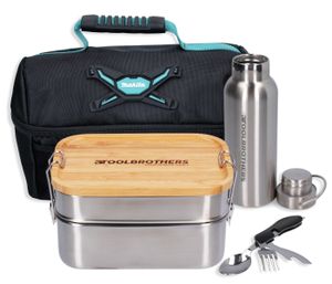 Toolbrothers Fan Lunch Pack v chladiacej taške Makita s obedovým boxom z nehrdzavejúcej ocele s 2 úrovňami s bambusovým vekom 1340 ml + nerezová fľaša na pitie 500 ml + multifunkčný príbor 4 v 1