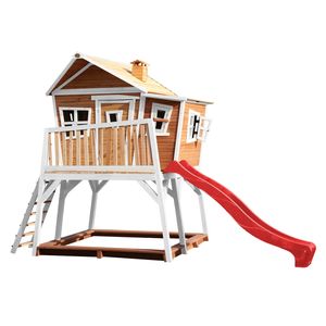 AXI Spielhaus Max mit Sandkasten & roter Rutsche | Stelzenhaus in Braun & Weiß aus  Holz für Kinder | Spielturm mit Wellenrutsche für den Garten
