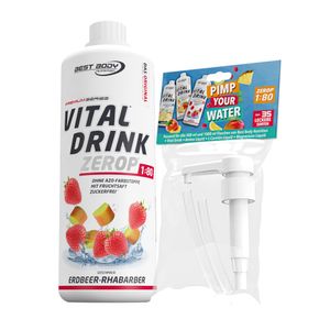 Vital Drink Zerop 1000 ml Flasche + GRATIS Dosierpumpe, Geschmack: Erdbeere Rhabarber