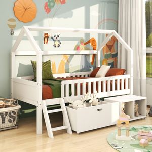 Dětská postel Flieks se zásuvkami a úložnými prostory, dětská postel s lamelovým roštem a ochranou proti vypadnutí, 90x200 cm, borovice, bez matrace