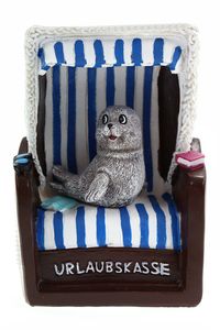 Spardose - Strandkorb mit Seehund - Sparbüchse Urlaub Reisekasse Urlaubskasse Sparschwein Geldgeschenk 9x8x14 cm