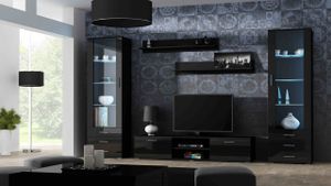 Medienwand Wohnzimmer - Set Schrankwand 5tlg SOHO 4D schwarz hochglanz mit Vitrinenschränke Tv Lowboard Wandregale