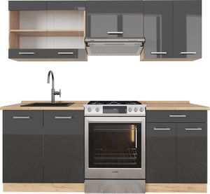Vicco Küchenzeile R-Line, 200 cm ohne Arbeitsplatte, Anthrazit Hochglanz/Goldkraft Eiche