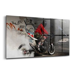 Obraz z tvrdeného skla - Maľovanie Stien - Temperované Sklo - 140x70 cm - Muž na motorke a graffiti