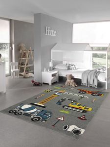 Kinderteppich Spielteppich Baustelle Teppich mit Bagger in grau Größe - 160x230 cm