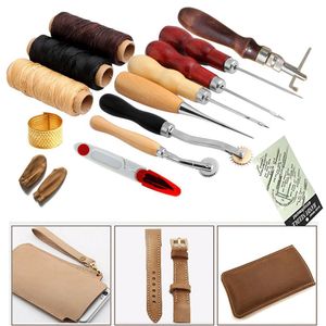 14 Stück Leder Werkzeug Set - Leder Handwerk Handnähen Werkzeuge mit Nadeln, Gewinde, Maßband, Bohrer für Leder Leinwand Nähen