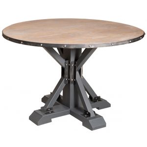 Runder Tisch aus massivem Eichenholz und schwarzem Gusseisenfuß 120x77 cm