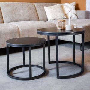 Manahee Design | Paige 2-teiliges Rundes Couchtisch-Set Schwarz Sintered Stone | Schwarzes Metall | 53 x 53 x 47 cm