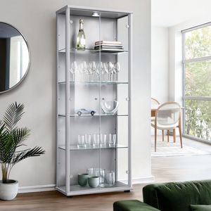 K-Möbel Glasvitrine stehend in Alu / Silber (176x67x33 cm) mit 4 höhenverstellbaren Glasböden & LED - Standvitrine - Vitrinenschrank - Sammlervitrine