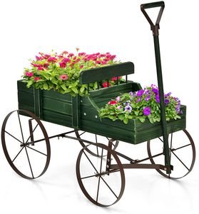 COSTWAY Blumenständer Holzwagen Pflanzwagen Blumenwagen mit Metall Rädern Blumenkasten Pflanzenständer für Garten und Terrasse 34x62x60cm (Grün)