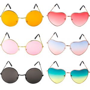 6 Paare Hippie Brille, Herz Sonnenbrille Retro, Sonnenbrille Set Hippie Stil Sonnenbrillen Herren Damen Brillen(Rund/ Herz Form)