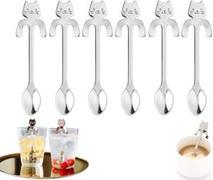 6 hochwertige katzenförmige Kaffeelöffel aus Edelstahl, Teelöffel mit hängendem Design für Katzen, Design für Wasser, Tee, Milch, Kaffee, Dessert, Getränke, gemischter Milchshake (Silber)
