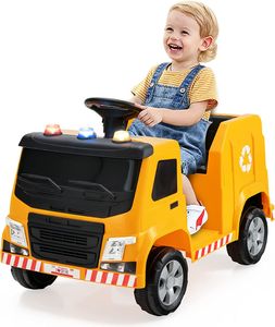 12V Kinder Aufsitz Müllauto mit Sound und Warnlicht, Kinder Elektroauto mit Fernbedienung, elektrisches Kinderauto Müllwagen für Kinder 3-8 Jahren, inkl. 6 Spielzeugflaschen (Gelb)