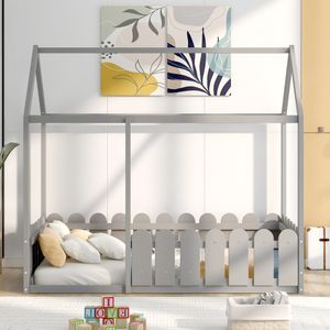 Flieks Hausbett Kinderbett 80x160cm, Spielbett mit Bettgestell aus massivem Kiefernholz, Bodenbett für Kinder