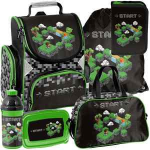 Paso Minecraft - 6-teiliges Mega Set - Rucksack, Federmäppchen, Tasche, Trinkflasche, Frühstückstasche, Schulranzen – Muster: Minecraft