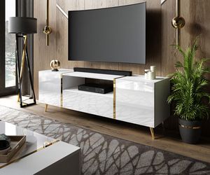 TV-Schrank ONYX auf goldenen Beinen Hochglanz 158 cm Weiß / Weiß hochglanz