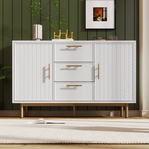 Flieks Kommode mit 3 Schubladen und 2 Türen, Wohnzimmerschrank mit Golden Metellbeinen, Sideboard Highboard Schubladenkommode 120x40x75.5cm, Weiß