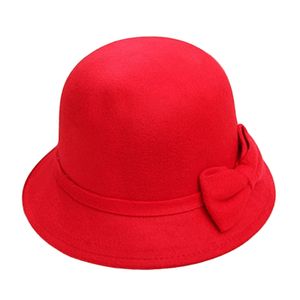 Einfarbige, breite Krempe, runde Kuppel, warme Wollmütze für Damen, Herbst und Winter, eleganter Filz-Fedora-Hut mit Schleife, für den täglichen Gebrauch, Rot