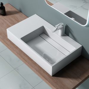 doporro 75x43x14 cm Design Waschbecken mit verstecktem Ablauf Colossum12-Rechts in weiß aus Gussmarmor als Aufsatzwaschbecken und Hängewaschbecken geeignet