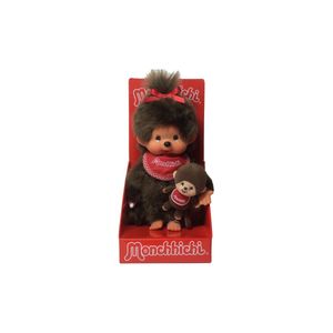 Sekiguchi 242184 - Original Monchhichi Mädchen mit Mini-Monchhichi, Plüsch-Figur mit rotem Lätzchen und Schleife im Haar, Kuscheltier aus braunem Plüsch, ca. 20 cm groß