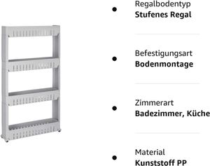 SPRINGOS pojazdný regál 4 police Kúpeľňový regál Stojan na práčku Kúpeľňový regál na WC Univerzálny regál (sivý - 101,5 x 54 x 12,5 cm)