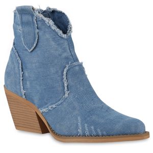 VAN HILL Damen Cowboy Boots Stiefeletten Denim Fransen Stickereien Schuhe 840976, Farbe: Hellblau, Größe: 36