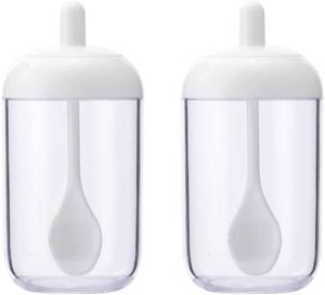 2pcs Gewürzdosen Vorratsdosen Zuckerdose Salzdose aus Kunststoff Würze Kanister Töpfe mit Löffel Deckel 2Pcs (Weiß)