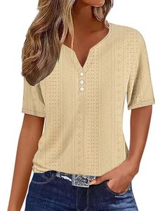 Damen Blusen Plain T-Shirt Sommer Tops Lose V-Ausschnitte Tshirt Lässig Oberteile Hellgelb,Größe L