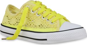 Mytrendshoe Damen Sneaker Low Spitzenstoff Turnschuhe Freizeit Schuhe Schnürer 826505, Farbe: Gelb, Größe: 36