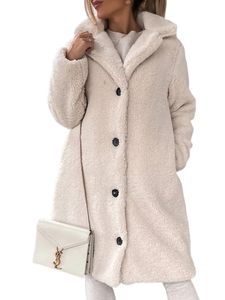 Damen Button Down Fleece Fuzzy Coat Winter Feste Farbe Plüsch-Mocke Warme Revers Sherpa-Jacke, Farbe: Beige, Größe: 2Xl