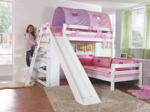 Etagenbett SKY Kinderbett mit Rutsche Spielbett Bett Weiß Stoffset Lila/Rosa