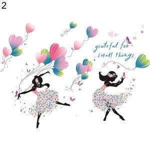 2 teile/satz fenster aufkleber fee blumendruck entzückendes tanzendes mädchen mit ballon romantische schmetterling fee wandaufkleber für zu hause-2