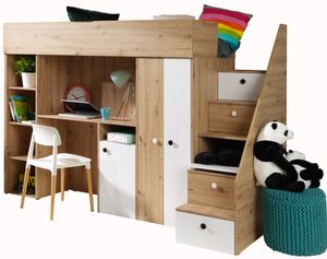 Etagenbett für Kinder SMART 14 Stockbett mit Treppe, Kleiderschrank und Schreibtisch (Artisan Eiche + Weiß matt)