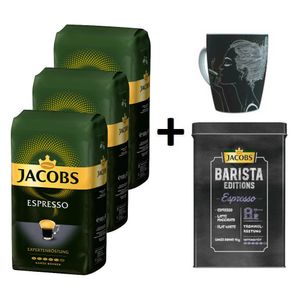 JACOBS Kaffeebohnen Expertenröstung Espresso 3 kg ganze Espressobohnen + 1 Jacobs Barista Becher + 1 Dose