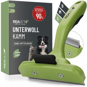 REAVET Unterwollkamm für Hunde & Katzen Kurzhaar I Große Rassen (Größe L) I Entfernt Unterwolle, Pflegt das Deckhaar I mit Selbstreinigungsknopf I Katzen-Kamm Hunde-Kamm ideal zum Fellwechsel