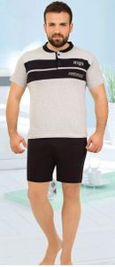 Herren Pyjama Schlafanzug Shorty Hellgrau L Kurzarm Baumwolle 2 Teiler R-33