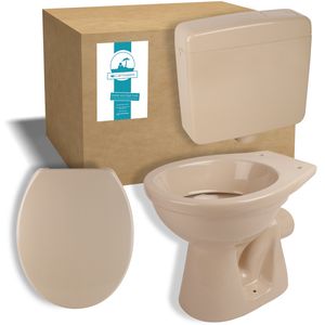Calmwaters® Stand-WC mit waagerechtem Abgang, Komplettset mit Aufputz-Spülkasten und WC-Sitz in Bahamabeige-Beige, Tiefspüler aus Sanitärkeramik, WC-Sitz mit Absenkautomatik, 99000181