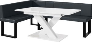 MEBLINI Eckbank für Esszimmer mit ausziehbarem Tisch  - Küchenbank - Essecke - Sitzecke Küche - PETER - U-Beine 142x196x87cm Links - Dunkelgrau Kunstleder/B Weiß Hochgl.